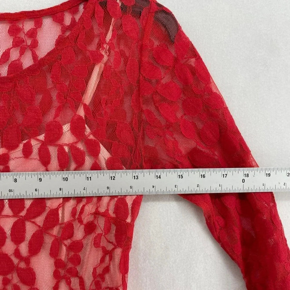 Free People A-Line Dress Women's Sz 0 Red Floral Embroidered Mesh Lace Pleated - Picture 3 of 10